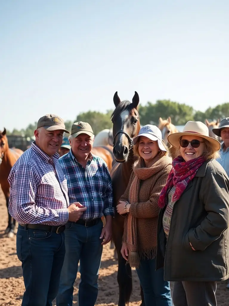 A group of horse breeders are gathered at an AEEB event, smiling and discussing their horses, showcasing the community aspect.