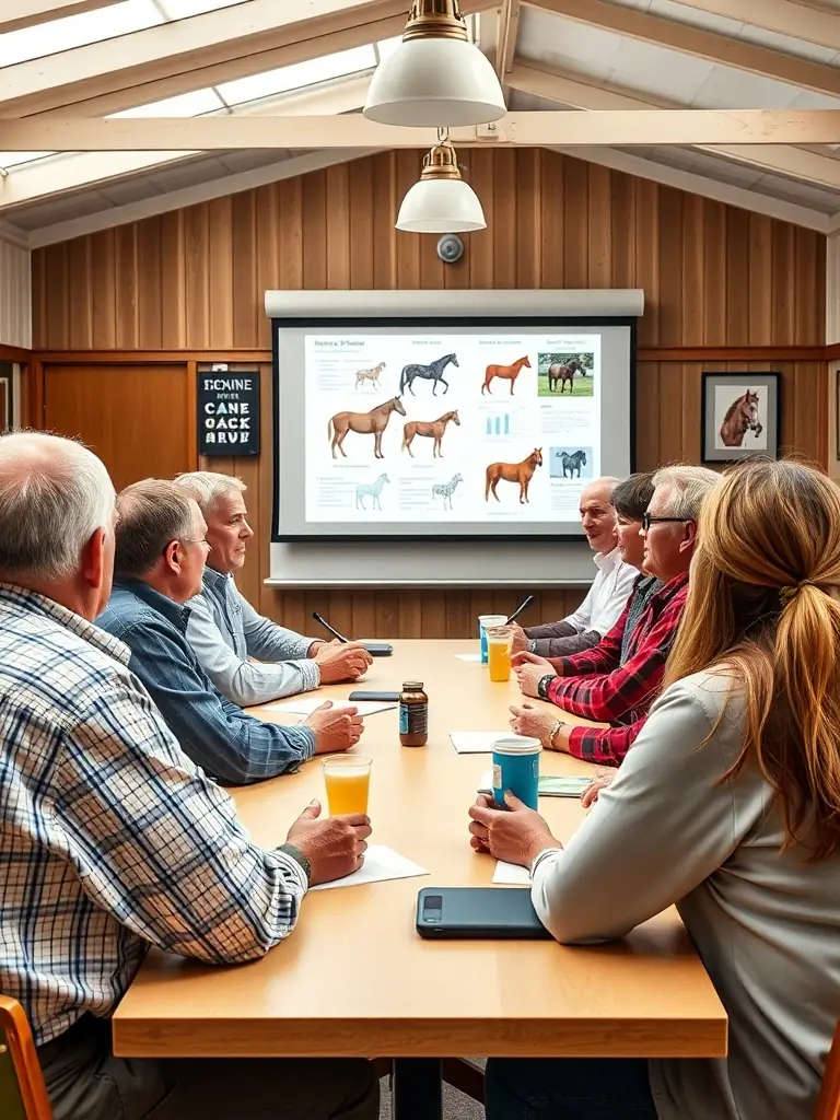 A group of breeders attending a workshop on equine genetics, focusing on selective breeding techniques and genetic testing for desirable traits.