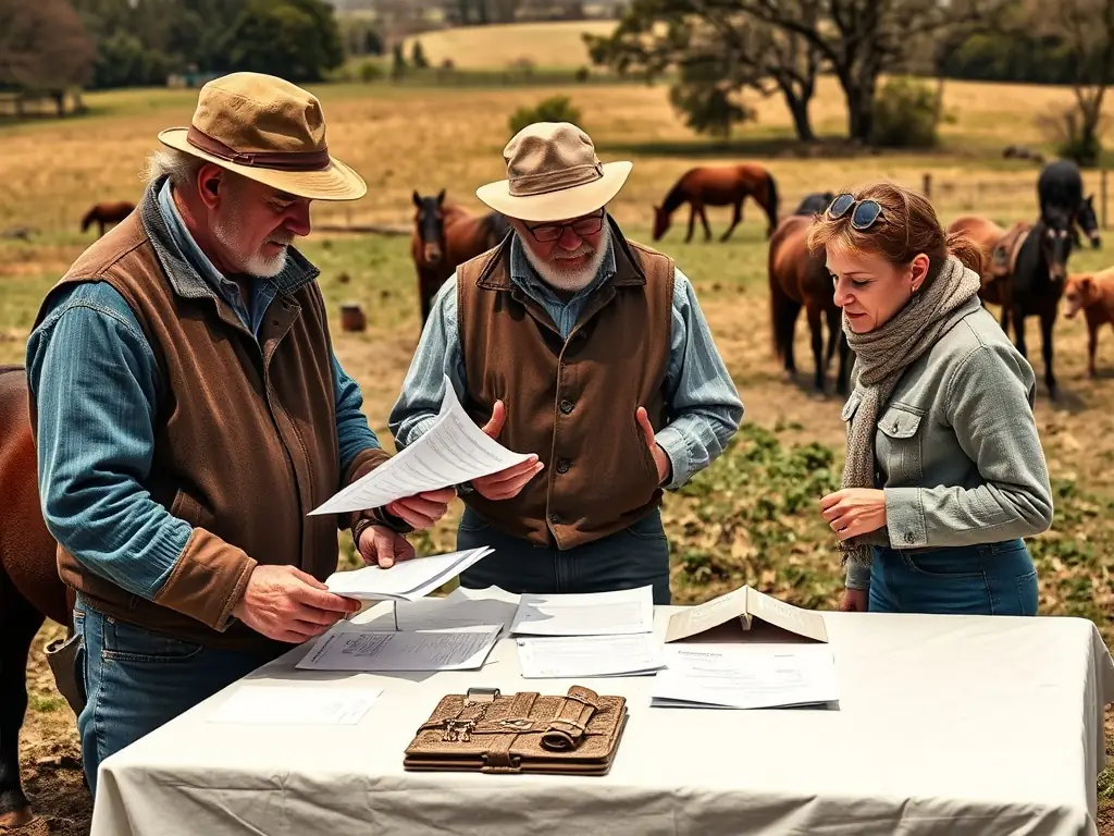 A group of breeders discussing equine breeding strategies.