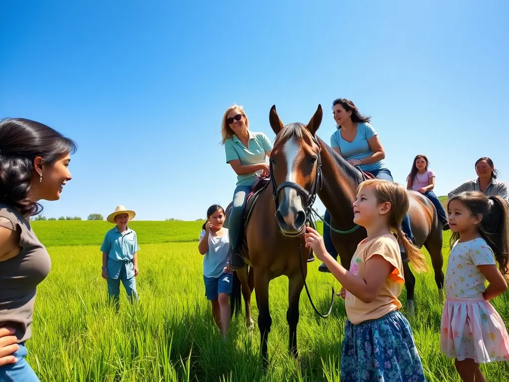 A group of people attending an equine breeding workshop, with horses in the background.