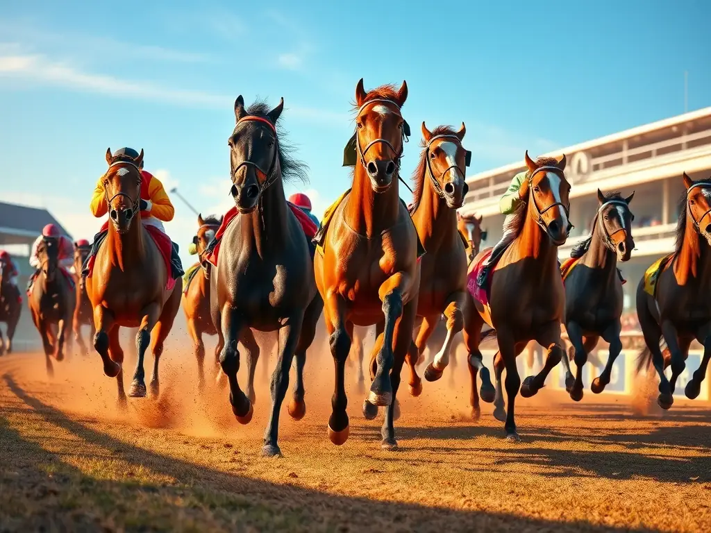 A dynamic image showing horses participating in a regional breeding competition, with judges and spectators in the background.