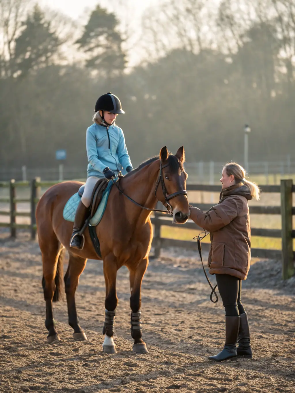 A photo of young riders participating in a training session at a local equestrian center, supported by AEEB.