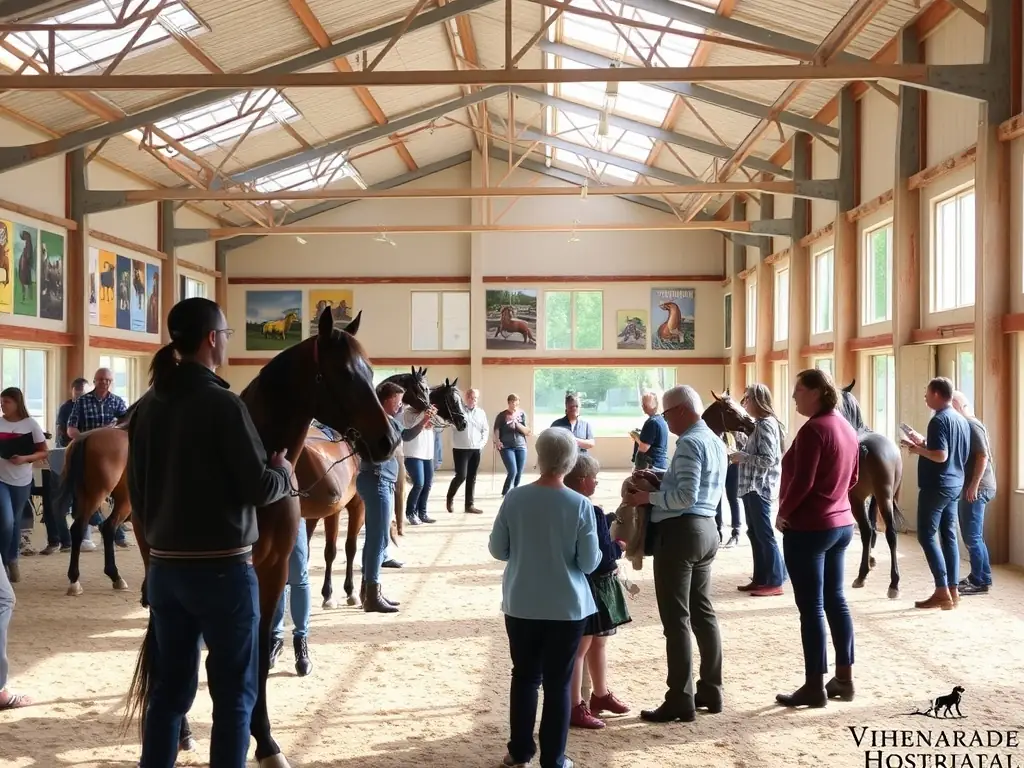 A vibrant image depicting a group of equine breeders participating in a workshop on equine health and nutrition, set in a rural setting in the Berry region.