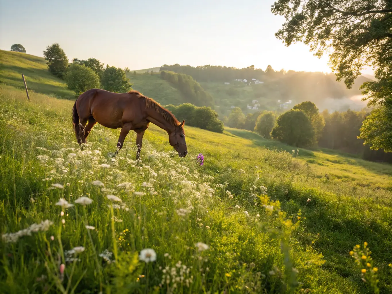 A horse grazing in a lush green pasture.