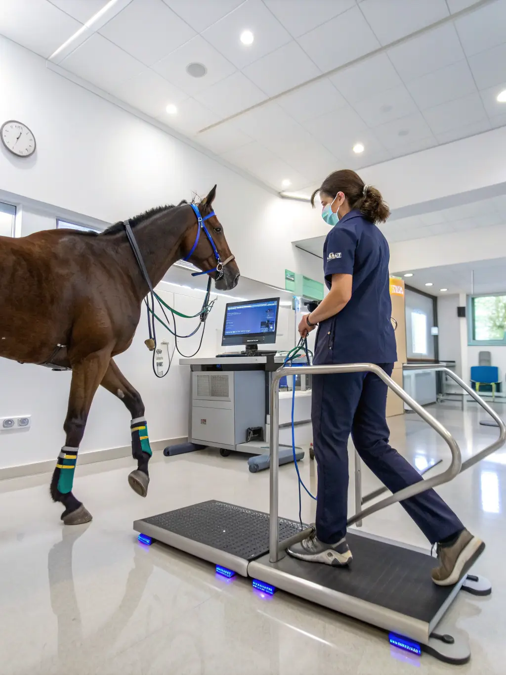 A close-up shot of a veterinarian examining a horse's leg during a training session, emphasizing the importance of equine health and veterinary care in breeding.