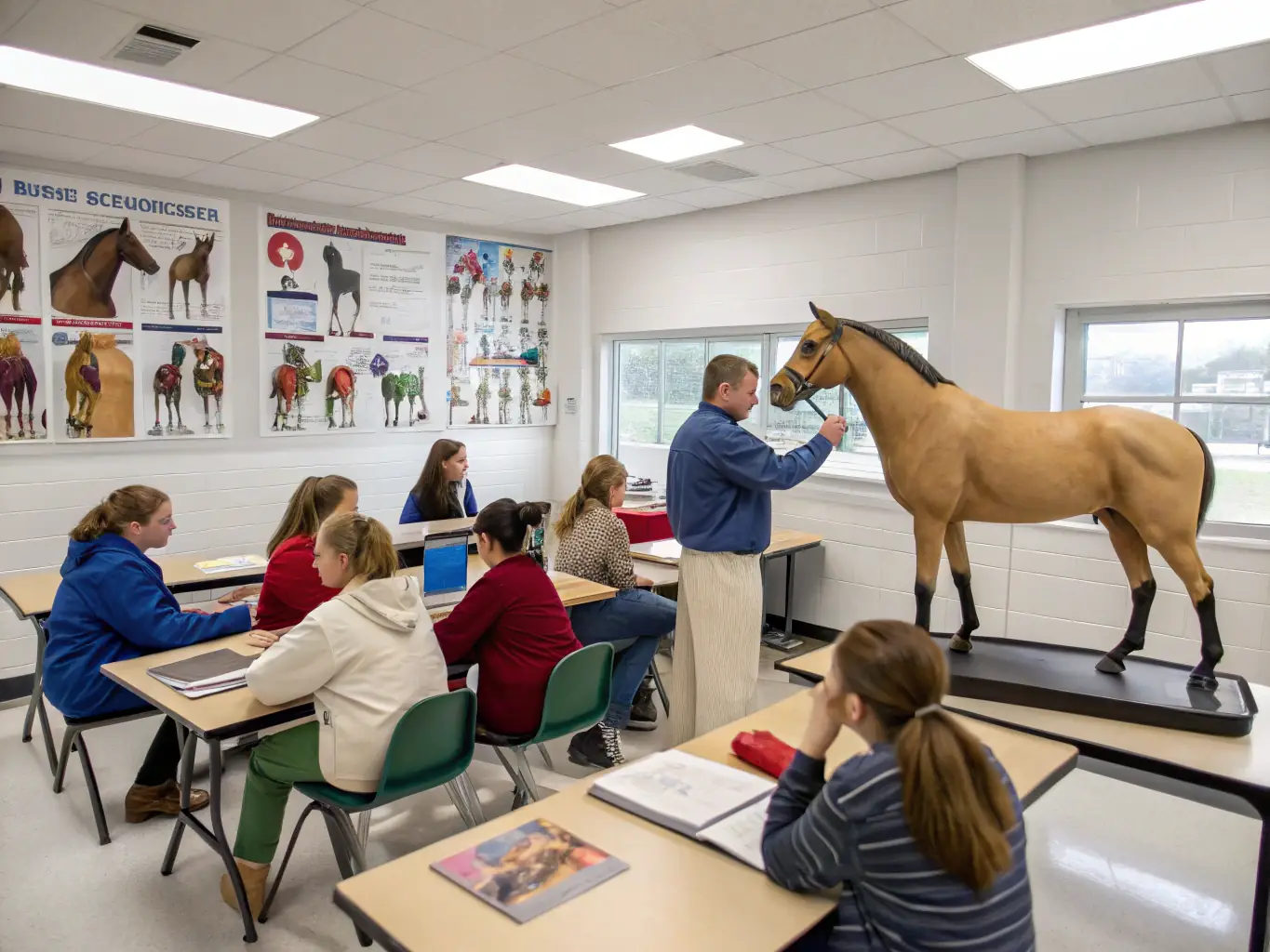 A group of equine breeders attending a workshop on equine health management, focusing on preventative care and common ailments.