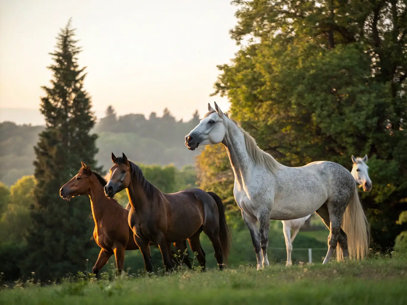 A serene image of a group of breeders networking during a social event, with horses grazing peacefully in the background.